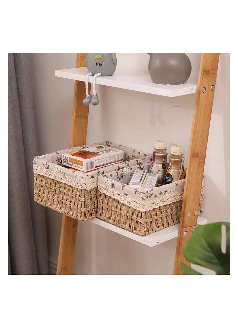3 Piece Rattan Braided Basket Set - Luxury Organizer with Embossed Linen Fabric Cover and Genuine Rattan Covered Metal Legs SC  - Image 2