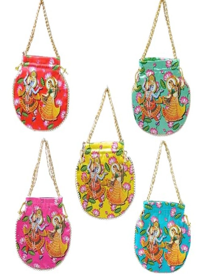 VINNIE Ethnic Potli Bag with Radha Krishna Print - Traditional Indian Handbag with Beaded Handle for Women - Wedding, Puja, Festival Gift Bag (Pink, Pack of 1) - Image 3