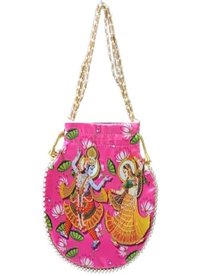 VINNIE Ethnic Potli Bag with Radha Krishna Print - Traditional Indian Handbag with Beaded Handle for Women - Wedding, Puja, Festival Gift Bag (Pink, Pack of 1) - Image 2