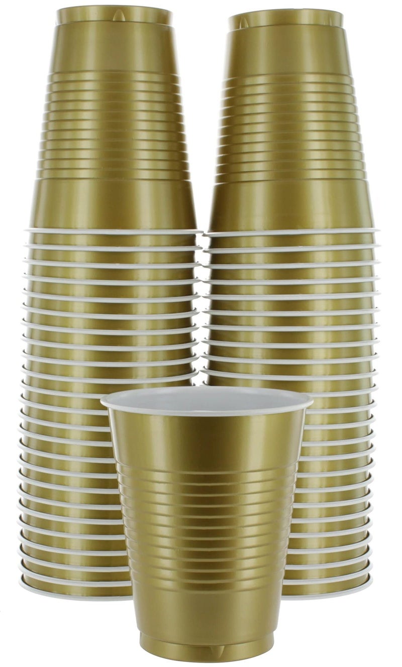 Amcrate Disposable Plastic Cups  Gold Colored Plastic Cups  18-Ounce Plastic Party Cups  Strong and Sturdy Disposable Cups for Party  Wedding  Christmas  Halloween Party Cup  50 Pack - Image 1