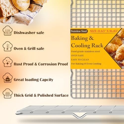 Qukaka 2PCS Cooling Racks for Cooking and Baking -11.65''x16.85''Heavy Duty Stainless Steel Wire Rack for Baking, Grilling, Roasting - Oven & Dishwasher Safe - Fits Half Sheet Pan（Silver） - Image 2