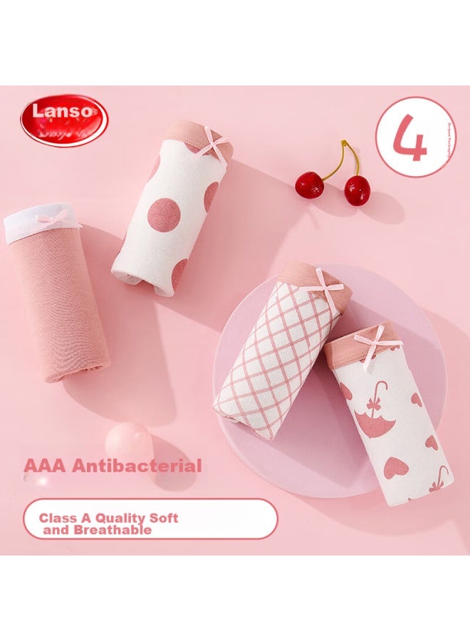 LANG SHA Langsha Children's Underwear, Girls' Underwear, Pure Cotton, Student, Baby, Comfortable Underwear, Girls' 4-pack, Umbrella Round Dots, 130 - Image 1