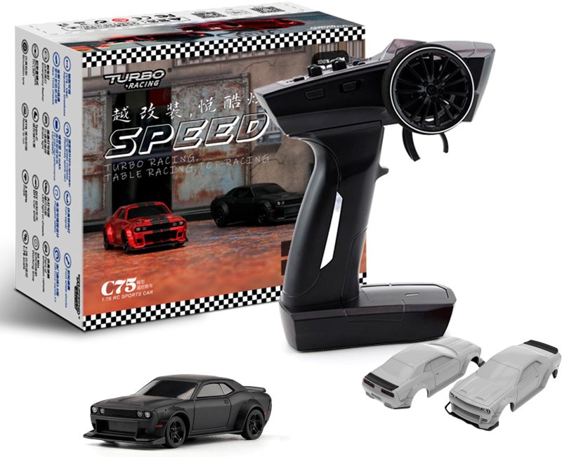 FLYCOLOR TurboRC 1:76 Mini Sports Car 4CH 2.4GHZ Remote Control Full Proportional RTR Kit with 2 Replaceable Body Shell (C75-Black) - Image 1