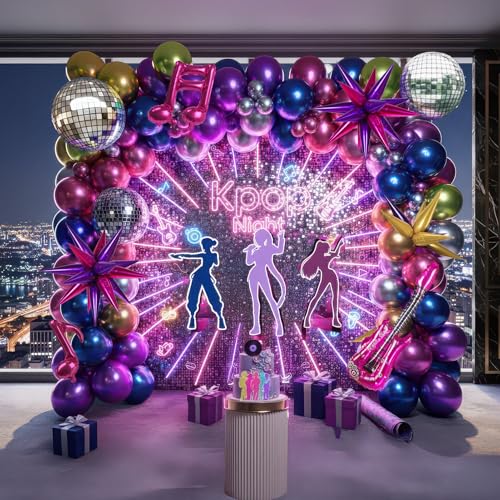 kozee KPop Music Themed Decorations with Hot Pink Purple Green Blue Silver Gold Metallic Balloon kit Latex star Disco ball Balloons for Birthday grad class of 80s 90s fans prom bachelorette Decorations - Image 1