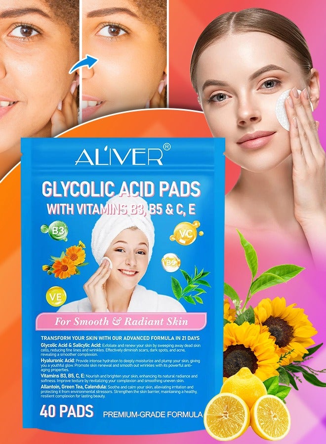 ALIVER 40Pcs Glycolic Acid Pads Smooth And Radiant Skin Glycolic Pads Reduce Scars Fine Lines Dark Spots Acne Dead Skin & Blackheads with Glycolic Acid Salicylic Acid & Hyaluronic Acid  - Image 1