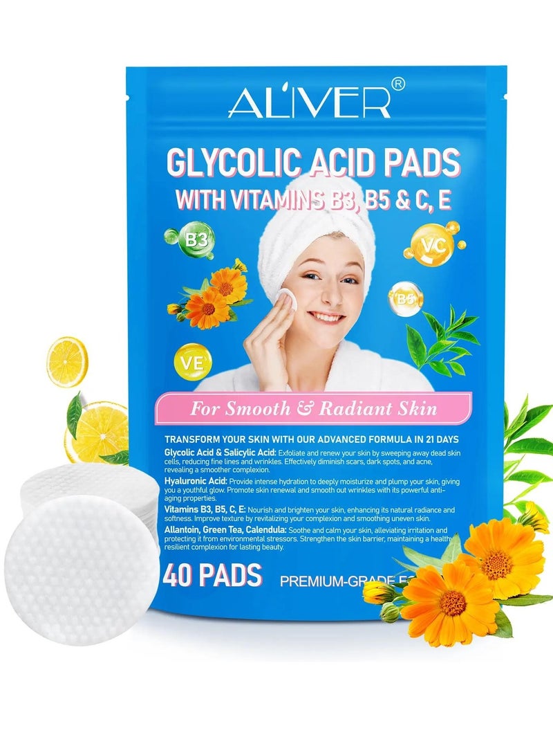 ALIVER 40Pcs Glycolic Acid Pads Smooth And Radiant Skin Glycolic Pads Reduce Scars Fine Lines Dark Spots Acne Dead Skin & Blackheads with Glycolic Acid Salicylic Acid & Hyaluronic Acid  - Image 2