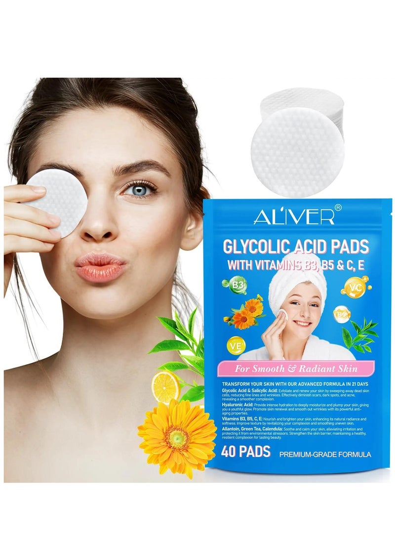 ALIVER 40Pcs Glycolic Acid Pads Smooth And Radiant Skin Glycolic Pads Reduce Scars Fine Lines Dark Spots Acne Dead Skin & Blackheads with Glycolic Acid Salicylic Acid & Hyaluronic Acid  - Image 3