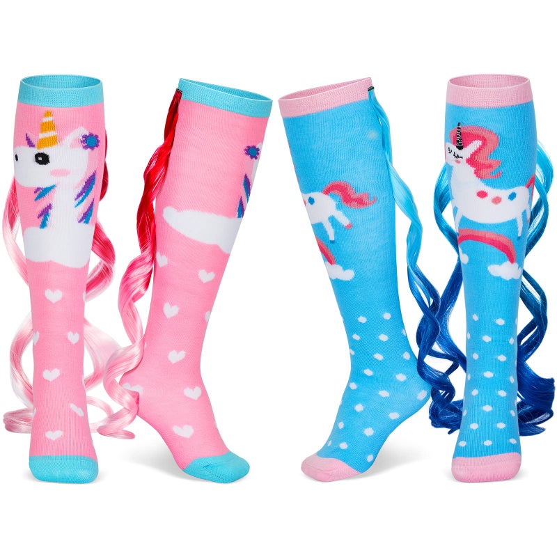 Tarpop 2 Pairs Crazy Funny Silly Socks for Girls Woman Wacky Socks with Wigs Novelty Crazy Funny Gift for Christmas(Sky Blue Pink Unicorn,Large) - Image 1