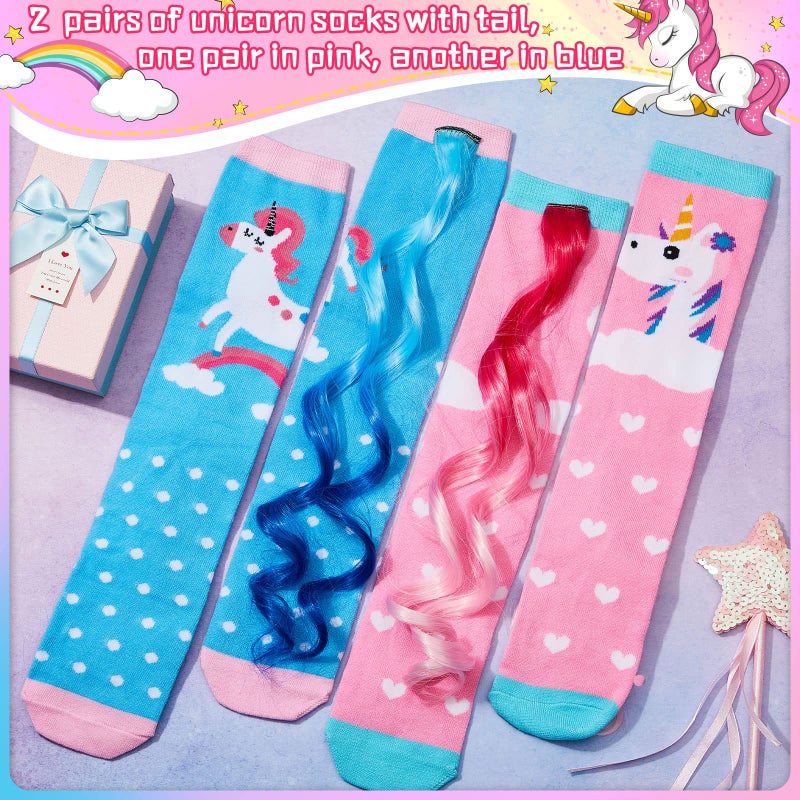Tarpop 2 Pairs Crazy Funny Silly Socks for Girls Woman Wacky Socks with Wigs Novelty Crazy Funny Gift for Christmas(Sky Blue Pink Unicorn,Large) - Image 2