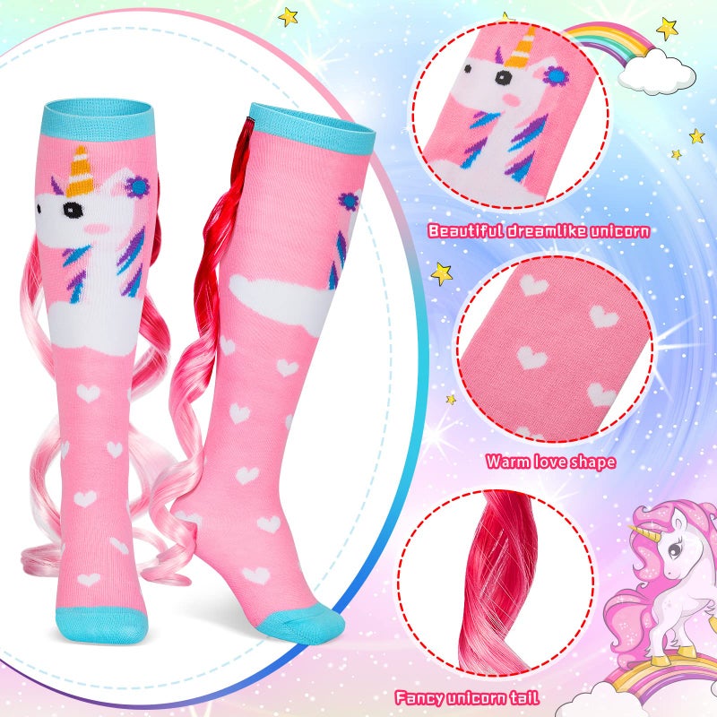 Tarpop 2 Pairs Crazy Funny Silly Socks for Girls Woman Wacky Socks with Wigs Novelty Crazy Funny Gift for Christmas(Sky Blue Pink Unicorn,Large) - Image 4