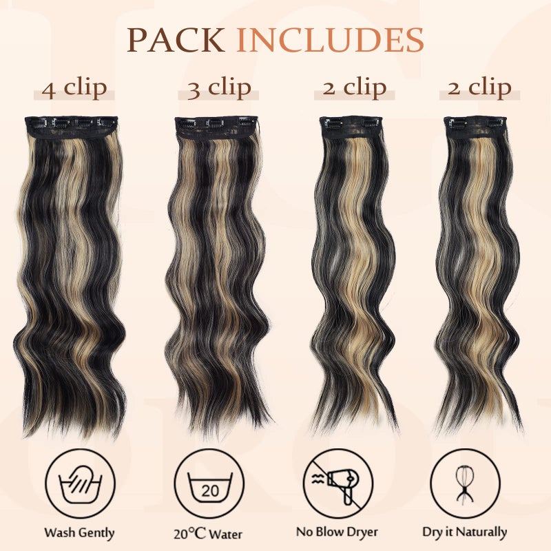 Vigorous Wavy Hair Extension for Women 4Pcs Black Mix Blonde Long Clip in Hair Extensions Soft Synthetic Hairpieces 24 inches Black Mix Blonde - Image 3