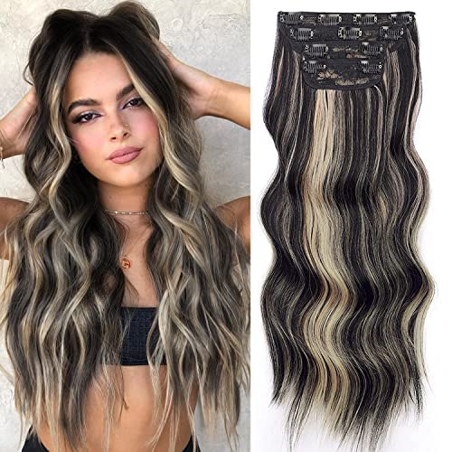 Vigorous Wavy Hair Extension for Women 4Pcs Black Mix Blonde Long Clip in Hair Extensions Soft Synthetic Hairpieces 24 inches Black Mix Blonde - Image 1