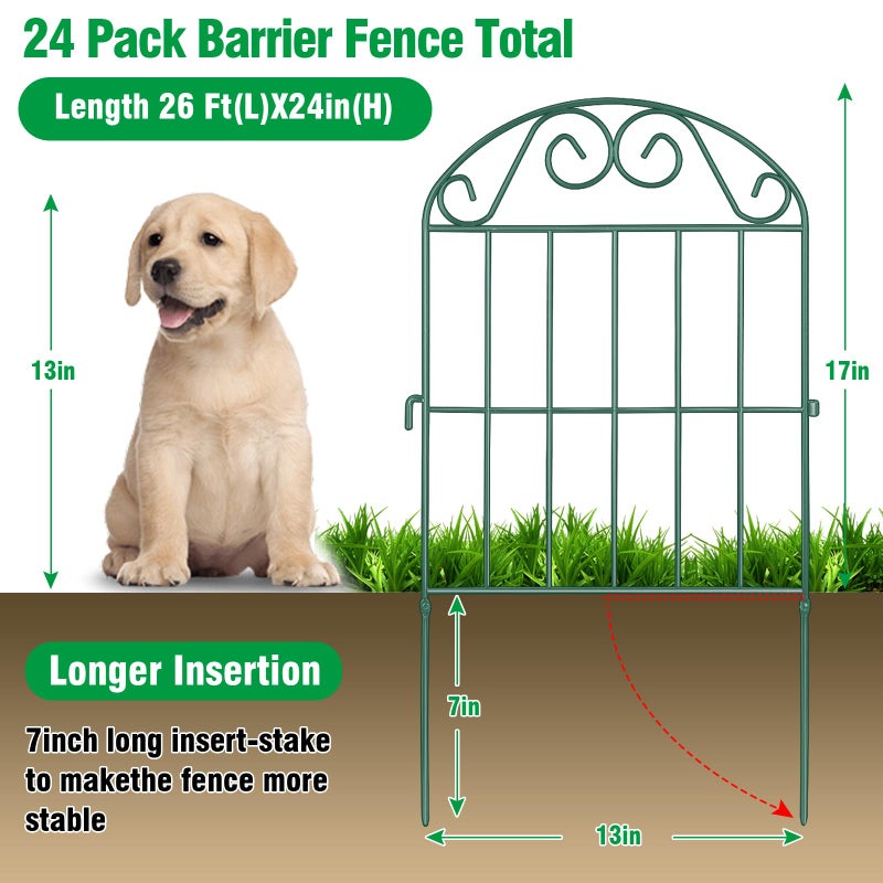 ADAVIN 24Panels Collapsible Garden Fence Animal Barrier, 26 Ft(L) x 24 in(H) Green Rustproof Metal Wire Panel Border for Dogs Rabbits, Flower Edging for Landscape Patio Yard Outdoor Decor, Arched - Image 2