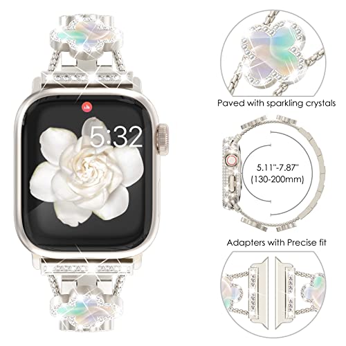 NewWays Compatible for Apple Watch Band Series 11 10 42mm Series 9/8/7 41mm Series 6/5/4 40mm Series3 38mm for Women, Bling Diamonds Four Leaf Clover Bracelet for iWatch Womens, Starlight/Iridescent - Image 3