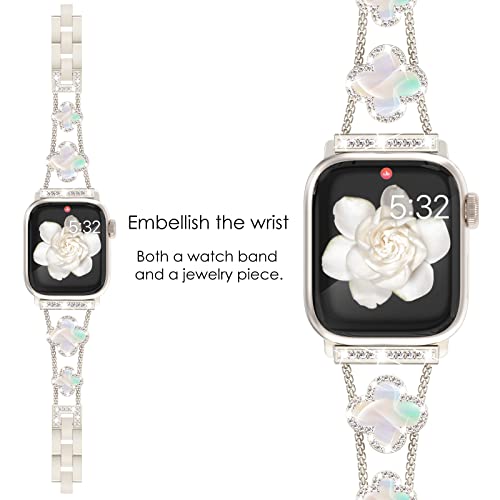 NewWays Compatible for Apple Watch Band Series 11 10 42mm Series 9/8/7 41mm Series 6/5/4 40mm Series3 38mm for Women, Bling Diamonds Four Leaf Clover Bracelet for iWatch Womens, Starlight/Iridescent - Image 2