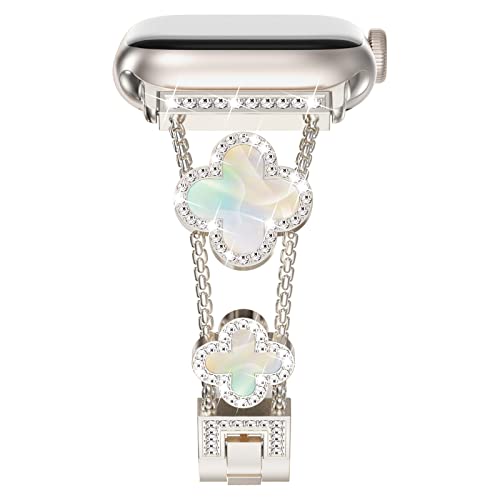 NewWays Compatible for Apple Watch Band Series 11 10 42mm Series 9/8/7 41mm Series 6/5/4 40mm Series3 38mm for Women, Bling Diamonds Four Leaf Clover Bracelet for iWatch Womens, Starlight/Iridescent - Image 1