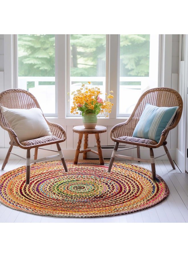Cotton Craft Jute Cotton Chindi Braid Rag Rug - Boho Farmhouse Rustic - Handwoven Reversible Natural Jute and Recycled Cotton Throw Area Rug Carpet - Home Décor - 3 Feet Round Multi Color - Image 2