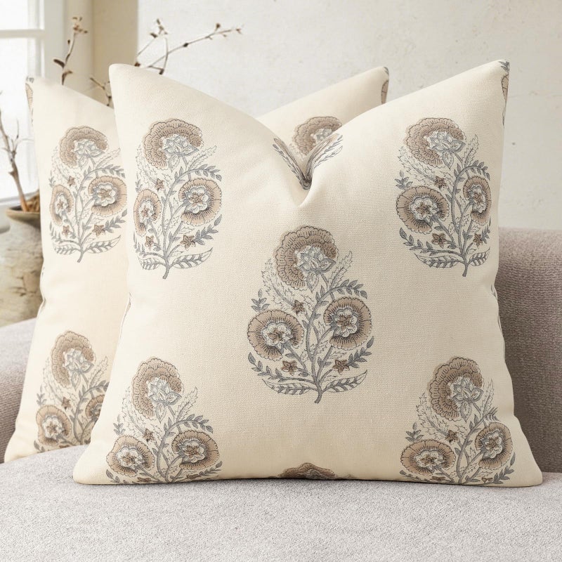 YCOLL Vintage Floral Print Pillow Covers 18x18 Set of 2 Patterned Accent Decorative Cushion Covers Modern Farmhouse Throw Pillow Covers for Sofa Couch Chair Bed Living Room Home Decor, Light Brown - Image 1