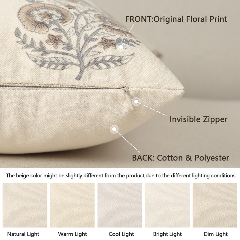 YCOLL Vintage Floral Print Pillow Covers 18x18 Set of 2 Patterned Accent Decorative Cushion Covers Modern Farmhouse Throw Pillow Covers for Sofa Couch Chair Bed Living Room Home Decor, Light Brown - Image 2