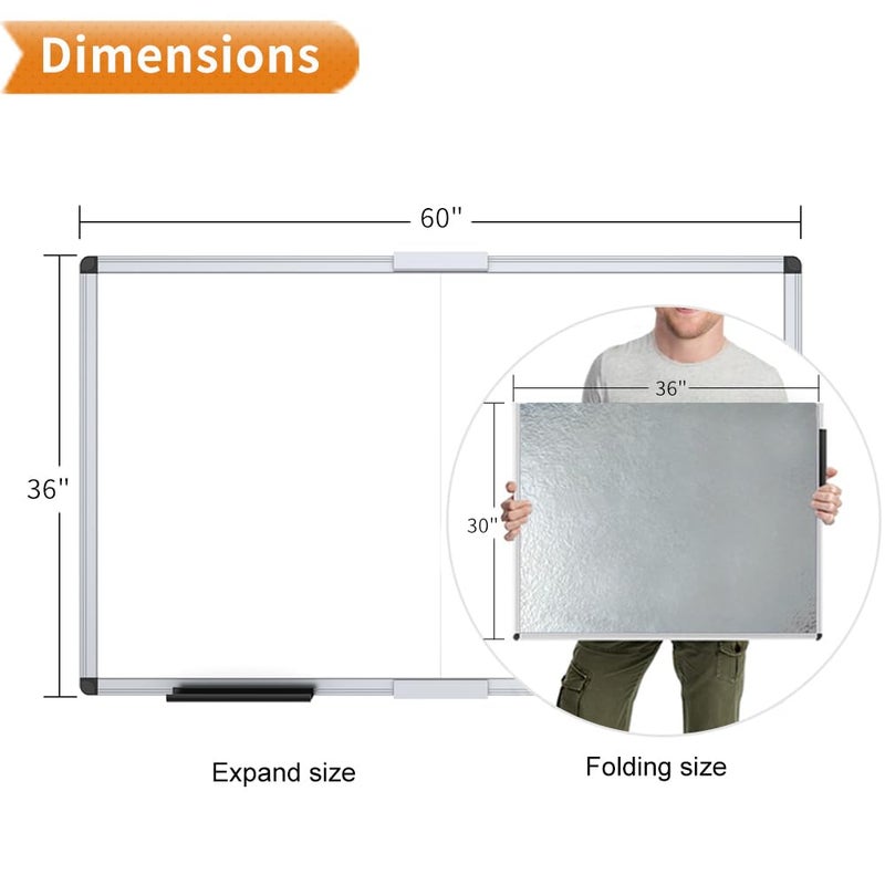VIZ-PRO Magnetic Dry Erase Board, 60 X 36 Inches, Foldable Wall-Mounted Whiteboard with Silver Aluminum Frame & Marker Tray for School Office and Home 5' X 3' - Image 2