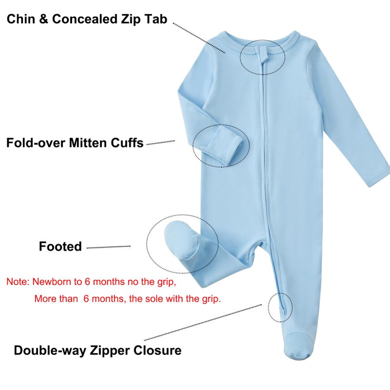 Aablexema Baby Pajamas with Mitten Cuffs Zipper 4-Pack Infant Newborn Cotton Long Sleeve Footie Outfit(Green/Blue Set,3-6m) - Image 2