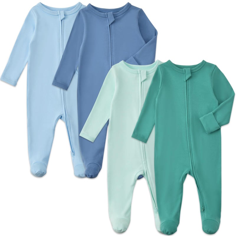 Aablexema Baby Pajamas with Mitten Cuffs Zipper 4-Pack Infant Newborn Cotton Long Sleeve Footie Outfit(Green/Blue Set,3-6m) - Image 1