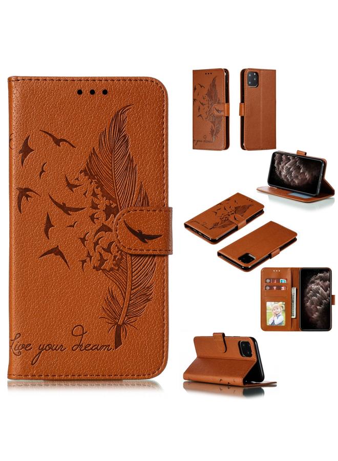 اس-توب جراب لهاتف iPhone 11 Pro Max من الجلد بتصميم ريشة وملمس الليتشي مع محفظة وحامل وفتحات للبطاقات - Image 1