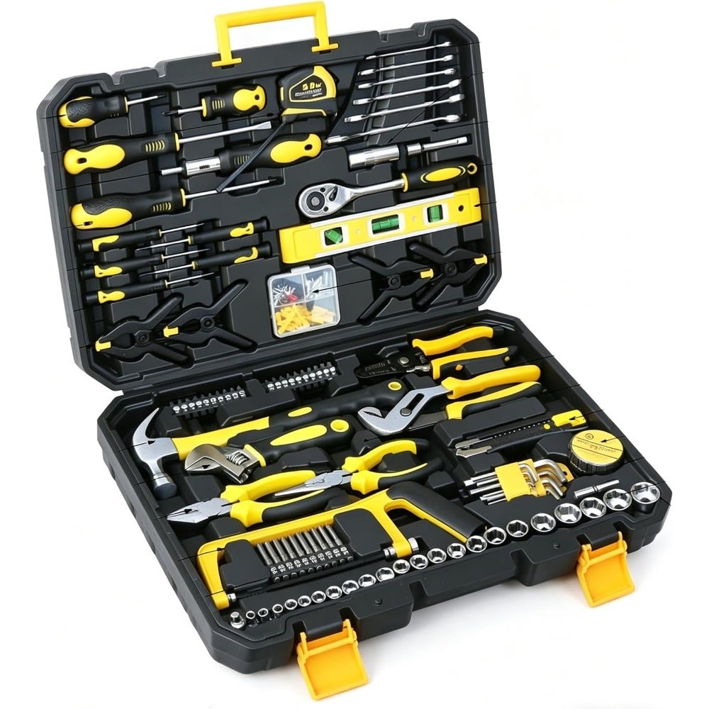Household repair tool set: steel wrenches and sockets in black, compact hand tool box organizer with 158 pcs for mechanics and DIY applications