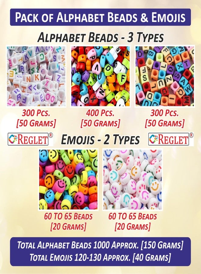REGLET 1000 Alphabet Beads Kit (3 Types) + 130 Emoji (2 Types) – DIY Beading Set, Letter Beads for Bracelet Making Set, Acrylic Multicolour, Bead Craft, Smiley, Jewellery Making Kit, Beadwork - Image 2