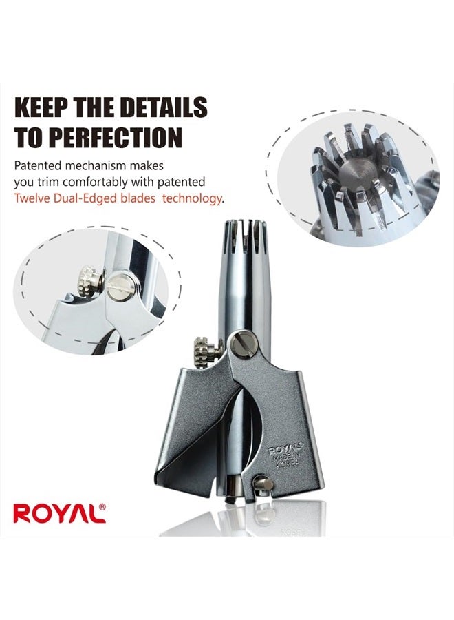 Royal [Made in Korea] Nose Hair Trimmer for Men Set, Birdie Set, with Nail Clippers and Tweezers, Manual, Battery-Free, Waterproof, Painless with Twelve Dual-Edged Blades, Patented Mechanism RET-4 - Image 2