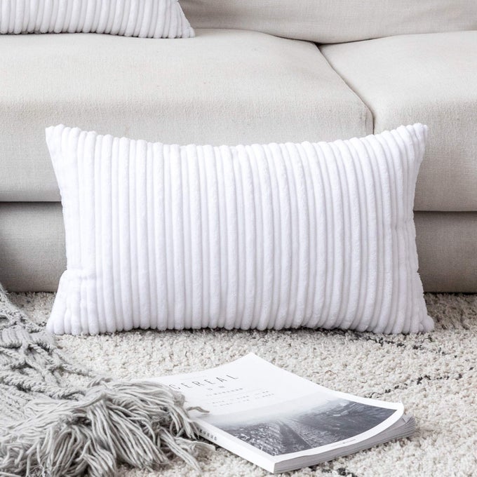 UGASA VELVET PILLOW COVERS STRIPED DECORATIVE THROW CUSHION CASE WITH HIDDEN ZIPPER FOR HOME COUCHBEDROOMCAR SOFT COZY SOLID OBLONG 1 PIECE 12X20 PURE WHITE