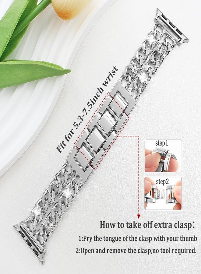 YONWORTH Metal Cuban Chain Compatible with Apple Watch Bands 42 44 45 46 49mm Women Men,Bling Diamond Cowboy Chain Dressy Wristband for iWatch Series 10 9 8 7 6 5 4 3-1 Ultra SE (Silver, 49mm) - Image 3