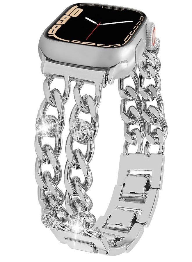 YONWORTH Metal Cuban Chain Compatible with Apple Watch Bands 42 44 45 46 49mm Women Men,Bling Diamond Cowboy Chain Dressy Wristband for iWatch Series 10 9 8 7 6 5 4 3-1 Ultra SE (Silver, 49mm) - Image 1