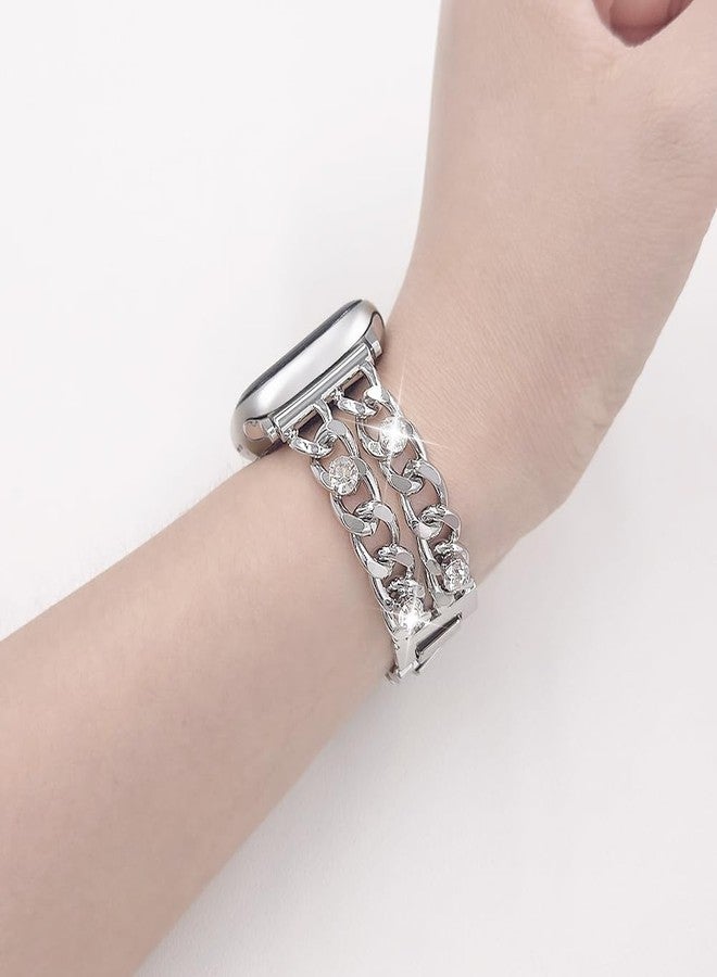 YONWORTH Metal Cuban Chain Compatible with Apple Watch Bands 42 44 45 46 49mm Women Men,Bling Diamond Cowboy Chain Dressy Wristband for iWatch Series 10 9 8 7 6 5 4 3-1 Ultra SE (Silver, 49mm) - Image 5