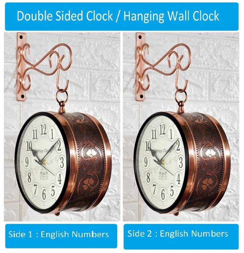 Vintage Clock Handcrafted Double Side Analog Wall Clock 1 Year Warranty / 65470-8-HH, Iron, 20x20 cm, Two Side English Number, rose Gold - Image 2