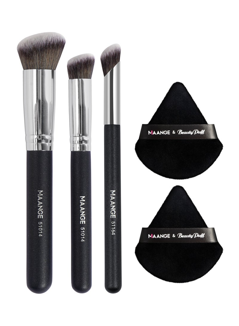 MAANGE طقم أدوات مكياج الوجه، 3 قطع فرش مكياج احترافية 2 قطعة إسفنجة بودرة مع حزام، ملحقات مكياج كاملة الوظائف للنساء، أسود/فضي - Image 1