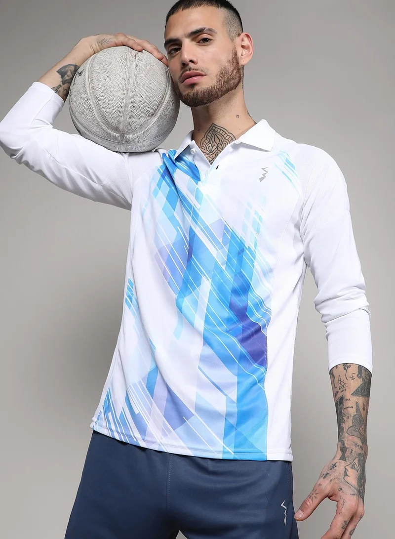 Men's White & Blue Contrast Print Activewear T-Shirt