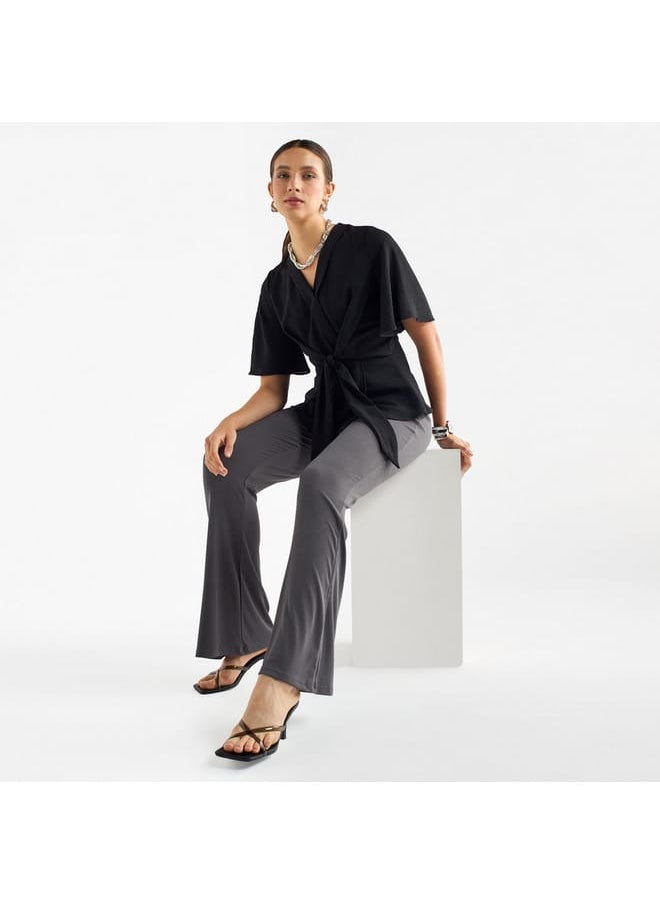 FAV Solid V-neck Top with Flutter Sleeves and Knot Detail  - Image 2