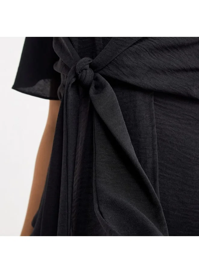 FAV Solid V-neck Top with Flutter Sleeves and Knot Detail