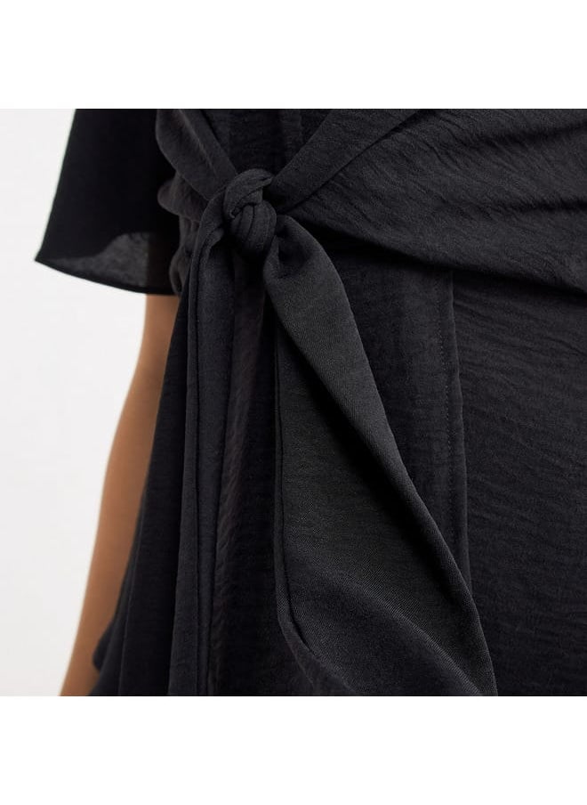 FAV Solid V-neck Top with Flutter Sleeves and Knot Detail  - Image 4