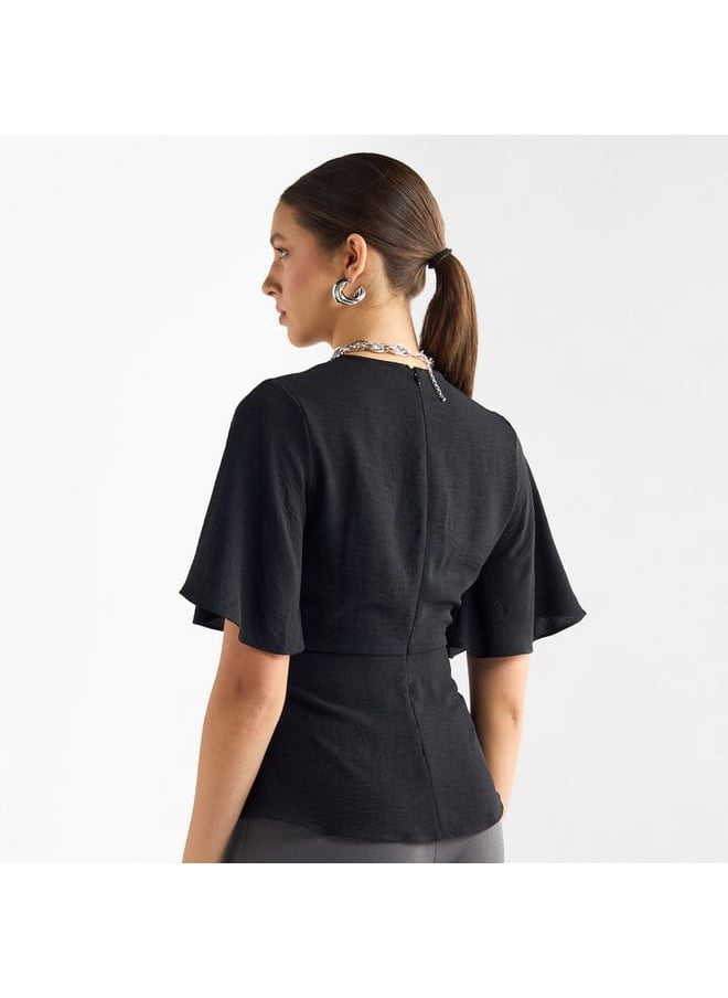 FAV Solid V-neck Top with Flutter Sleeves and Knot Detail  - Image 3