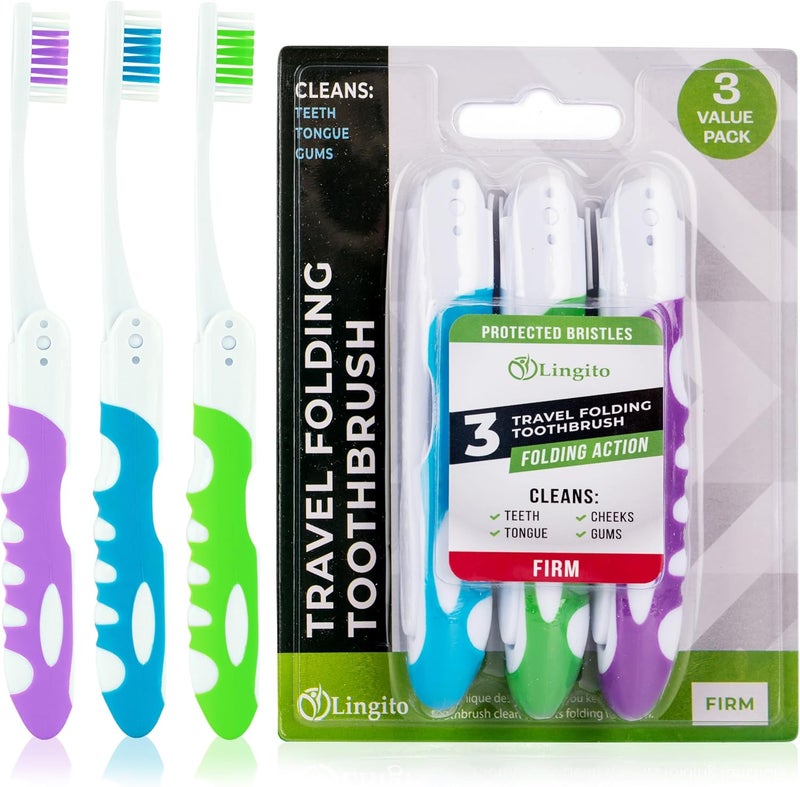Lingito Portable Folding Toothbrush Kit - Built-in Cover, Collapsible, Multi-color (3 Pack Firm-Multicolor) - Image 1