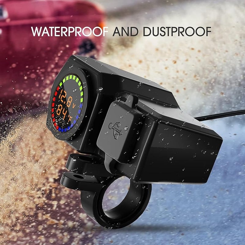Motorcycle Phone Charger, Waterproof 3 in 1 USB With Voltmeter and Thermometer, Fast Charge QC 3.0/2.0 PD, 12V for ATV UTV (7/8inch Handle) - Image 3