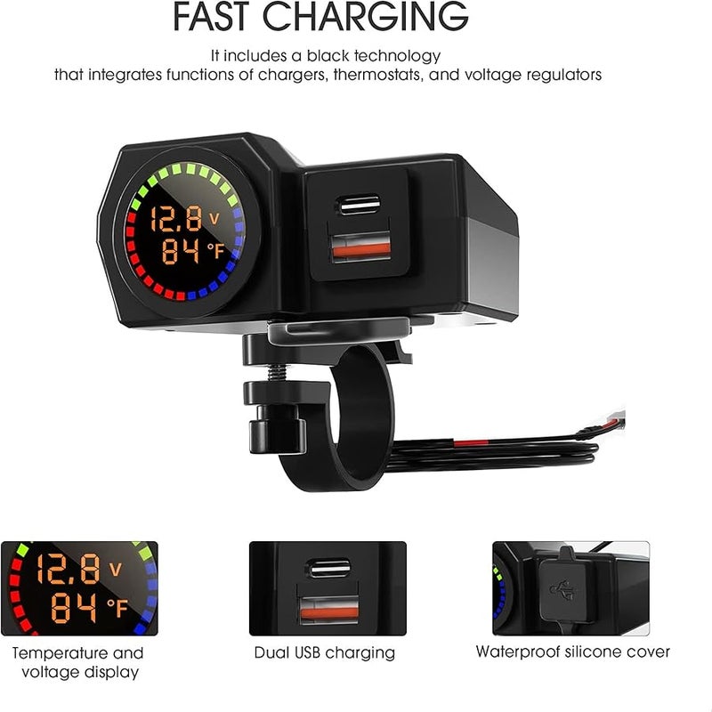 Motorcycle Phone Charger, Waterproof 3 in 1 USB With Voltmeter and Thermometer, Fast Charge QC 3.0/2.0 PD, 12V for ATV UTV (7/8inch Handle) - Image 2
