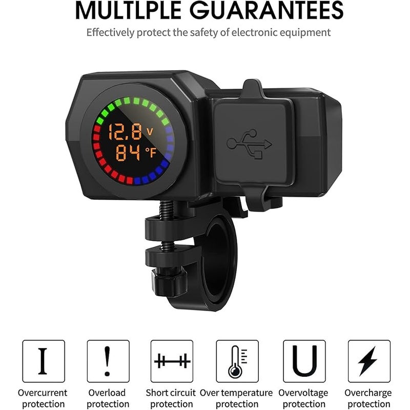 Motorcycle Phone Charger, Waterproof 3 in 1 USB With Voltmeter and Thermometer, Fast Charge QC 3.0/2.0 PD, 12V for ATV UTV (7/8inch Handle) - Image 4