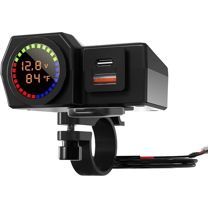 Motorcycle Phone Charger, Waterproof 3 in 1 USB With Voltmeter and Thermometer, Fast Charge QC 3.0/2.0 PD, 12V for ATV UTV (7/8inch Handle) - Image 1