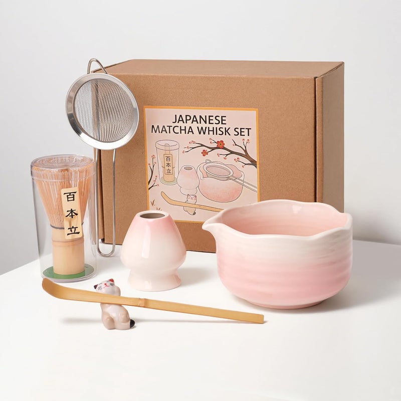 ECOLEMON Pink Matcha Kit, 6 Pcs Pink Matcha Whisk Set, Christmas Gift, Matcha Bowl with Spout(18 OZ) & Macha Whisk and Holder, Matcha Bowl and Whisk set, Gifts for Women, Macha Lovers, Anniversary - Image 1