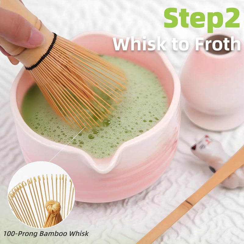 ECOLEMON Pink Matcha Kit, 6 Pcs Pink Matcha Whisk Set, Christmas Gift, Matcha Bowl with Spout(18 OZ) & Macha Whisk and Holder, Matcha Bowl and Whisk set, Gifts for Women, Macha Lovers, Anniversary - Image 5
