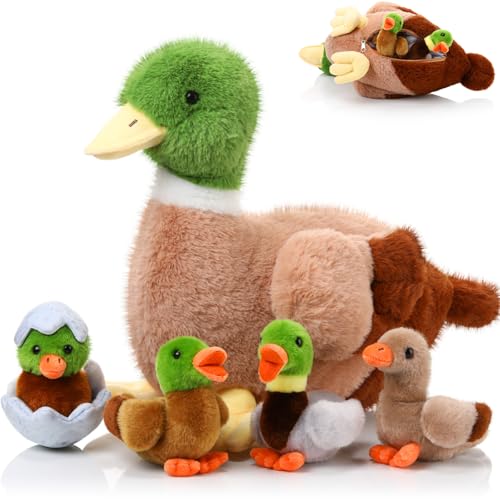 Zomiboo 5 Pcs Duck Plush Set Mama 4 Baby Ducklings with Zipper Pouch Soft Plush Stuffed Animals Toys FamilyMallard Duck - Image 1