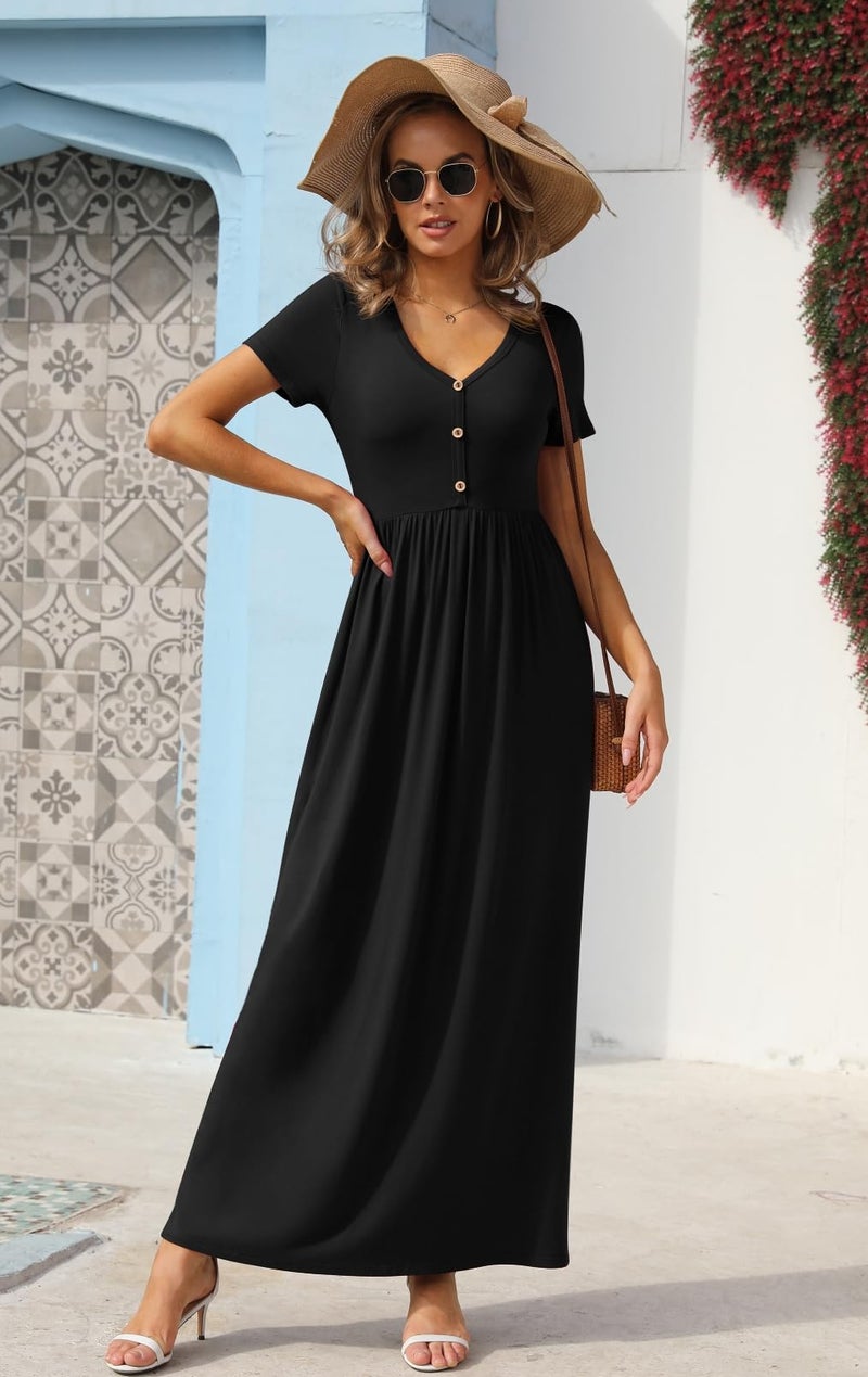 GRECERELLE Women's Short Sleeve Casual Maxi Dress V Neck High Waist Long Dresses with Pockets, Black, Large - Image 2